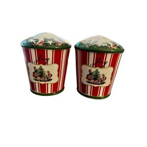 Ceramic Peppermint Stripe and Holly "Joy" Salt and Pepper Shakers